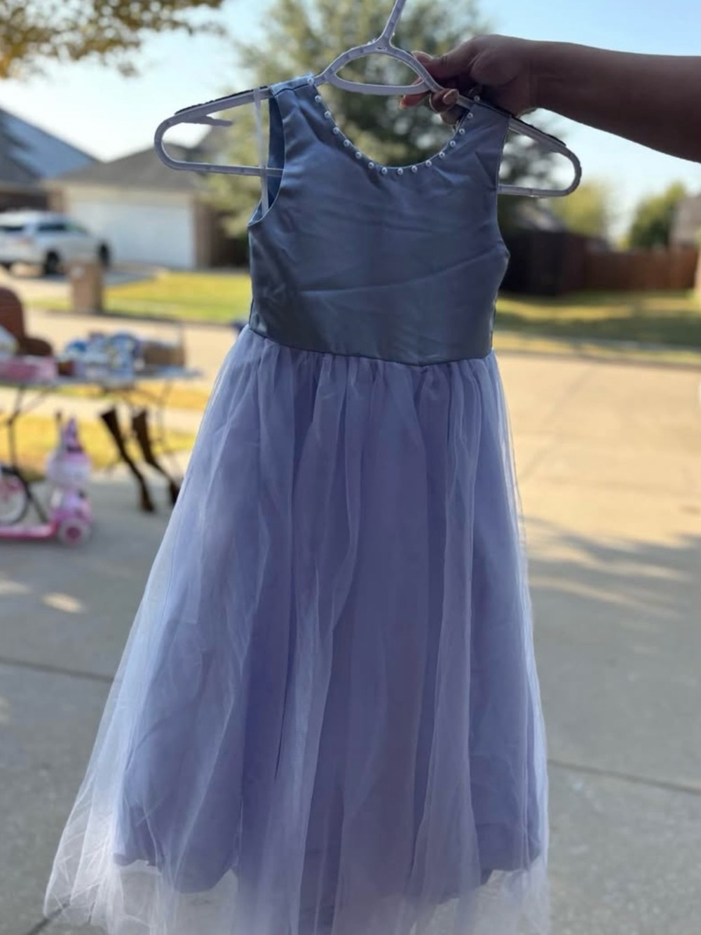 Girls Lavender Pearl-Trim Formal Tulle Dress